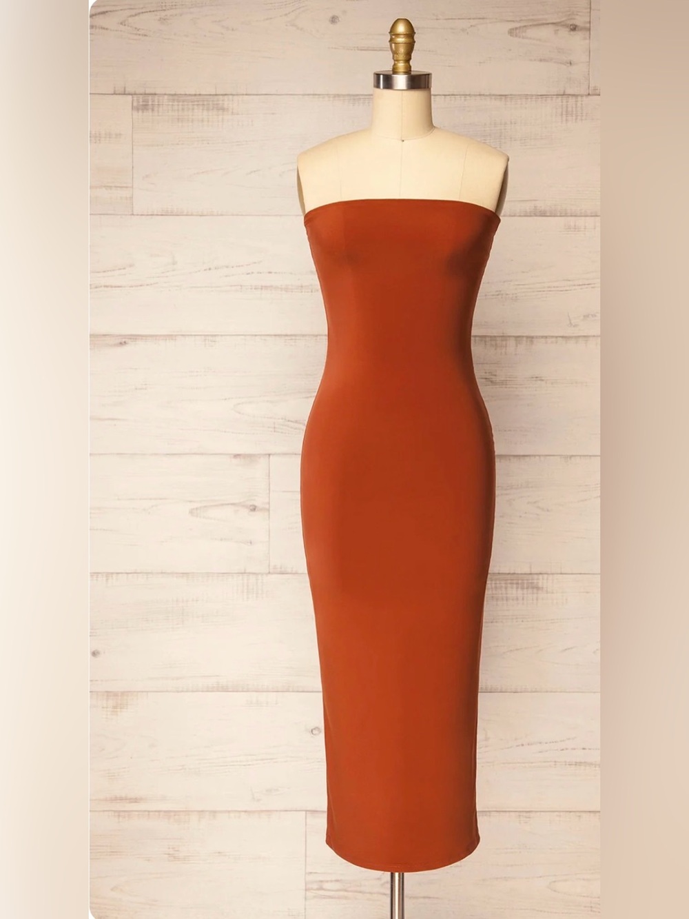 Strapless Bodycon Midi Dress in Rust